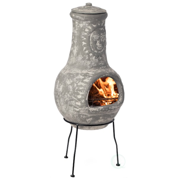 Vintiquewise Outdoor Clay Chiminea Fireplace Sun Design Wood Burning Fire Pit with Sturdy Metal Stand, Stone Gray QI004631.G - main